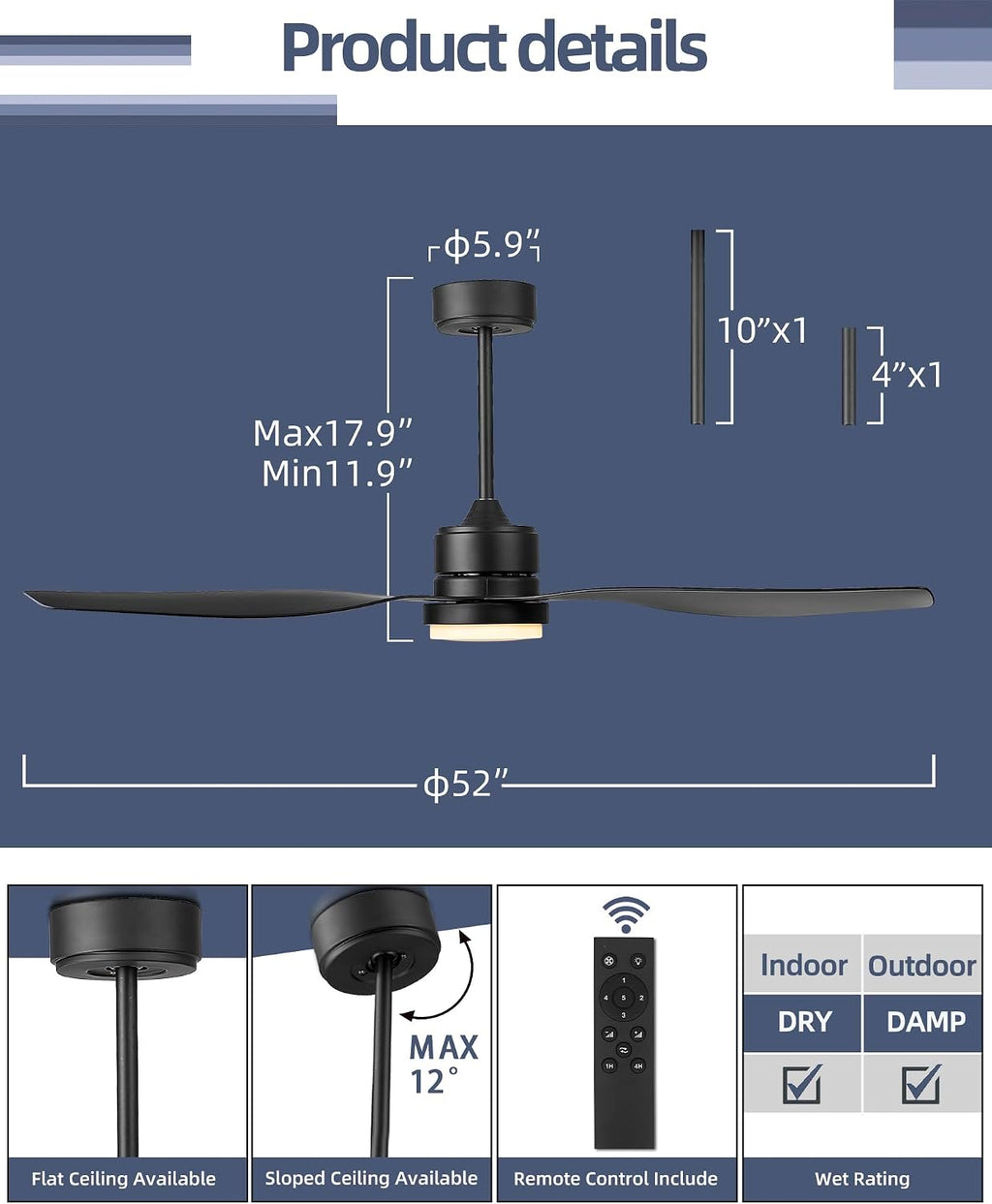 YOUKAIN 52 Inch Indoor/Outdoor Modern Ceiling Fan with Lights and Remote Control, Reversible Blades, for Living room, Bedroom, Bathroom, Matte Black, 52-YJ359-BK