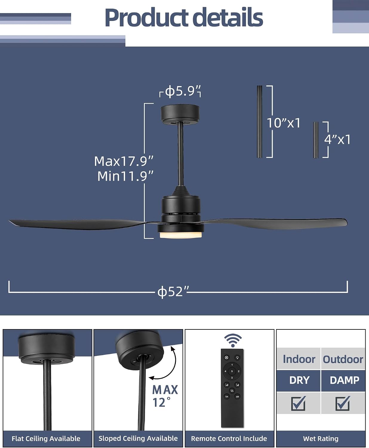 YOUKAIN 52 Inch Indoor/Outdoor Modern Ceiling Fan with Lights and Remote Control, Reversible Blades, for Living room, Bedroom, Bathroom, Matte Black, 52-YJ359-BK