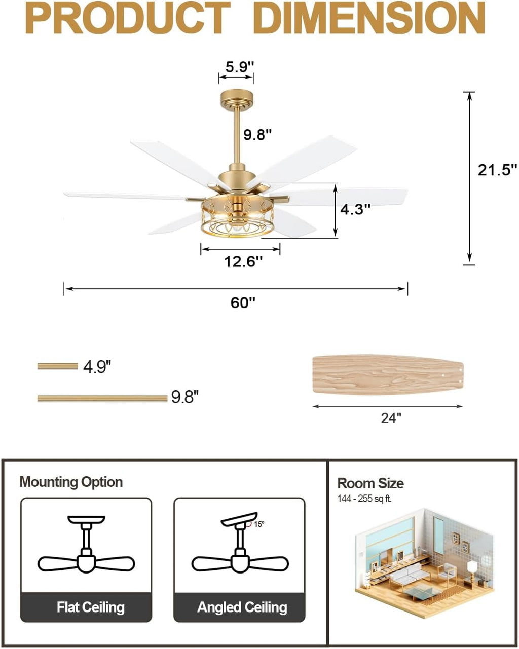 60 Inch Modern Ceiling Fan with Light White and Gold Ceiling Fan Quiet and Reversible DC Motor Chandelier Fan for Living Room Bedroom Patio