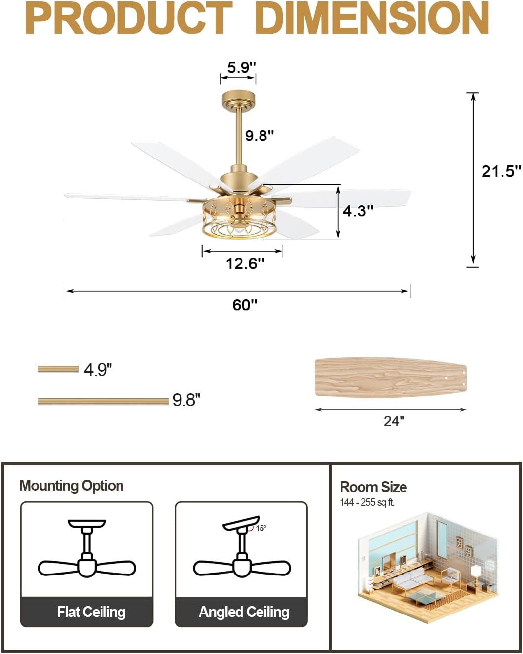60 Inch Modern Ceiling Fan with Light White and Gold Ceiling Fan Quiet and Reversible DC Motor Chandelier Fan for Living Room Bedroom Patio