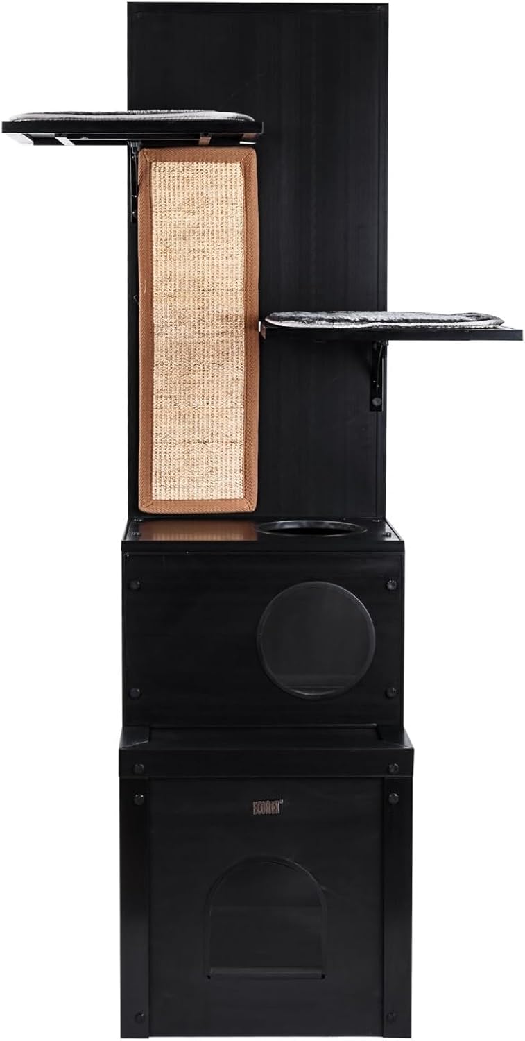 New Age Pet ECOFLEX Kitty Climber Cat Tree with 2 Cubes, 2 Shelves, Sisal Scratch Pad, 60' Tall, Moisture and Odor Resistant Indoor Cat Furniture, Espresso Black