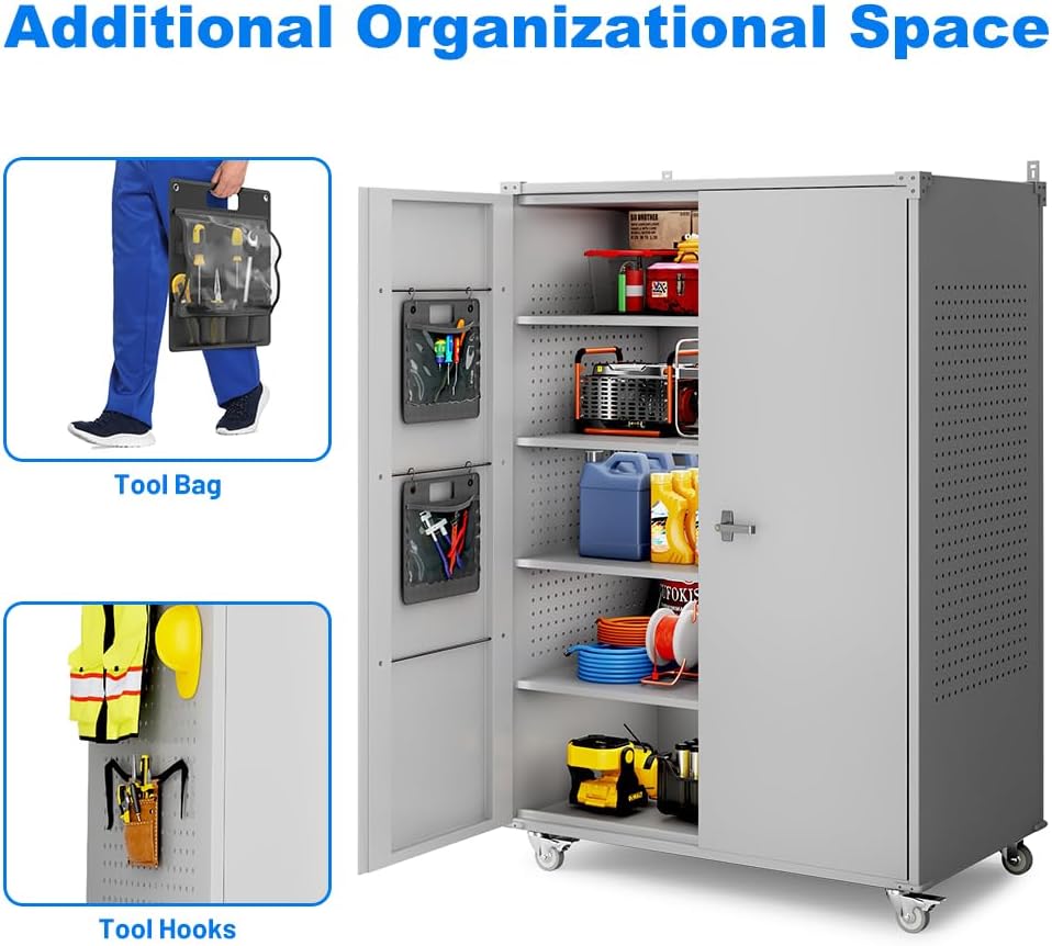 Yeeoy Wide & Deep Metal Garage Storage Cabinet with Pegboard & Adjustable Shelves, Lockable Storage Cabinet with Wheels, Tool Organization Cabinets for Office Garage Shop, 43''W x 22''D x 72''H, Gray