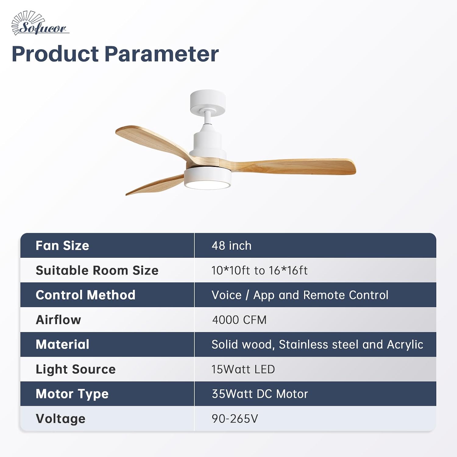 Sofucor 48 Inch Smart Ceiling Fan, Small Indoor/Outdoor Ceiling Fans with Lights and Remote, Work with Alexa/Google, Quiet DC Motor, 6 Speed, Solid Wood Ceiling Fans for Bedroom Living Room Patio