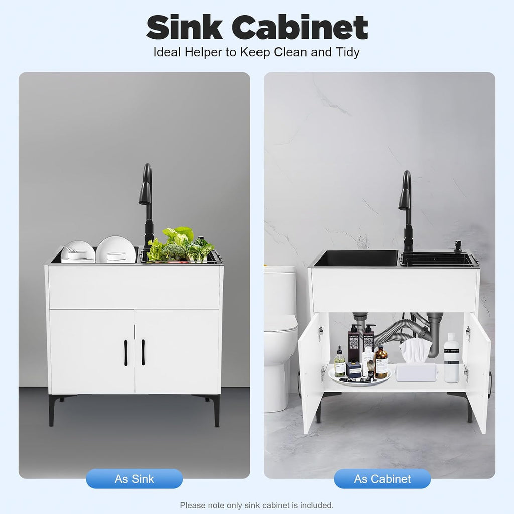 30-Inch Laundry Sink with Cabinet and Pull-Out Faucet, Stainless Steel Utility Sink with Cabinets, Freestanding White Cabinet with Sink for Laundry & Utility Room, Kitchen, Bathroom