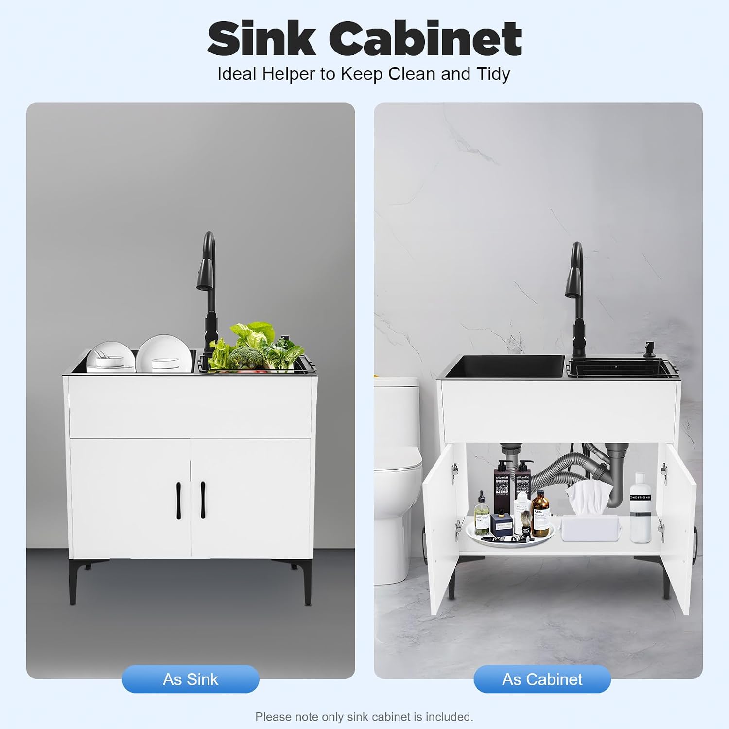 30-Inch Laundry Sink with Cabinet and Pull-Out Faucet, Stainless Steel Utility Sink with Cabinets, Freestanding White Cabinet with Sink for Laundry & Utility Room, Kitchen, Bathroom
