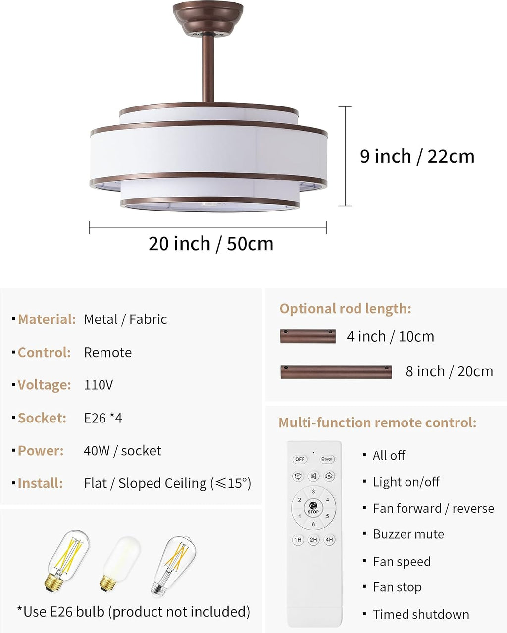 20' Caged Ceiling Fans with Lights and Remote, Fandelier Ceiling Fan with Light, Modern Bladeless Quiet Reversible Motor 6 Speeds for Bedroom, Nursery, Living Room, Brown