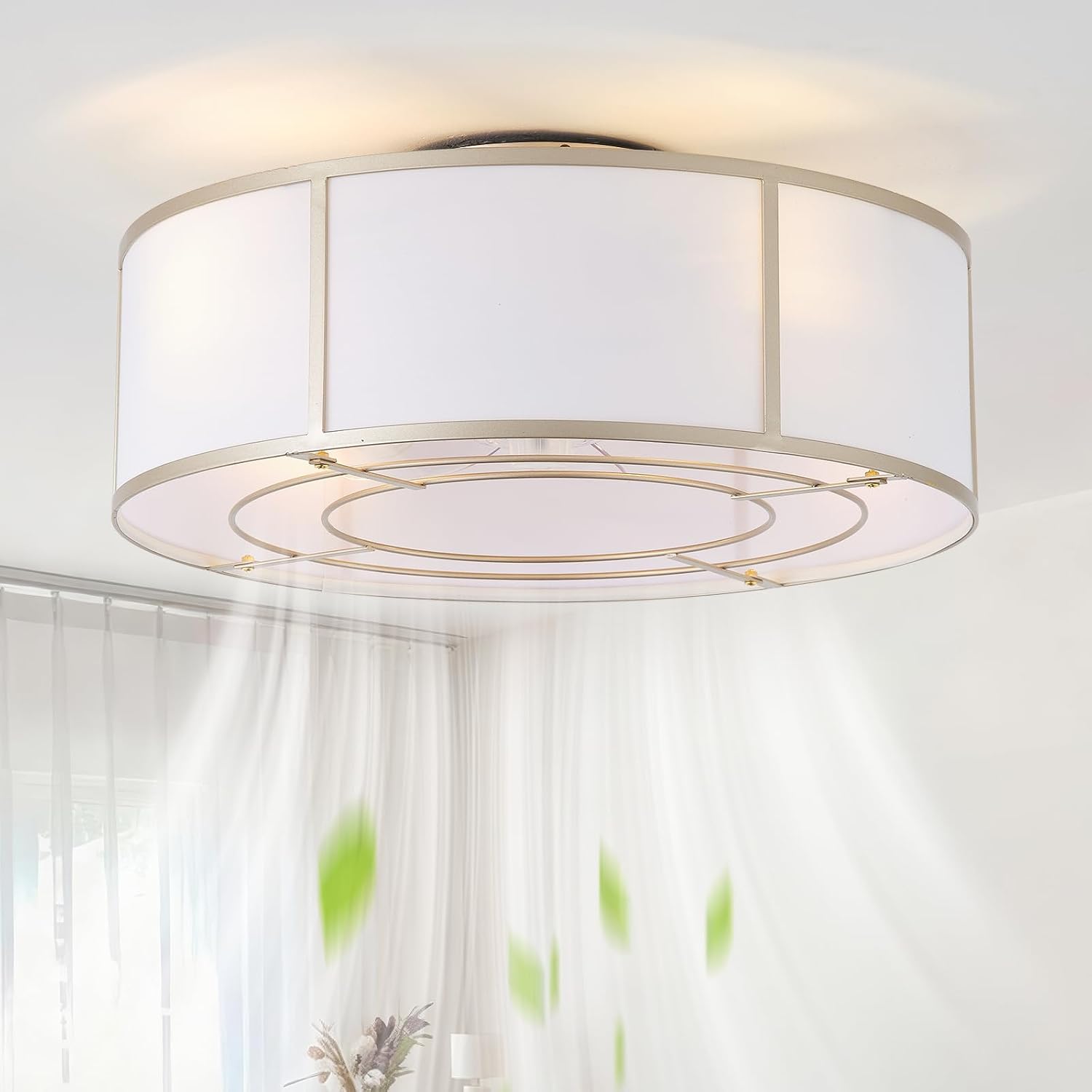 Caged Ceiling Fans with Lights Flush Mount, Low Profile Ceiling Fan with Lights Remote Control, 20'' Modern Bladeless 6 Speeds for Bedroom, Nursery, Kitchen, Gold