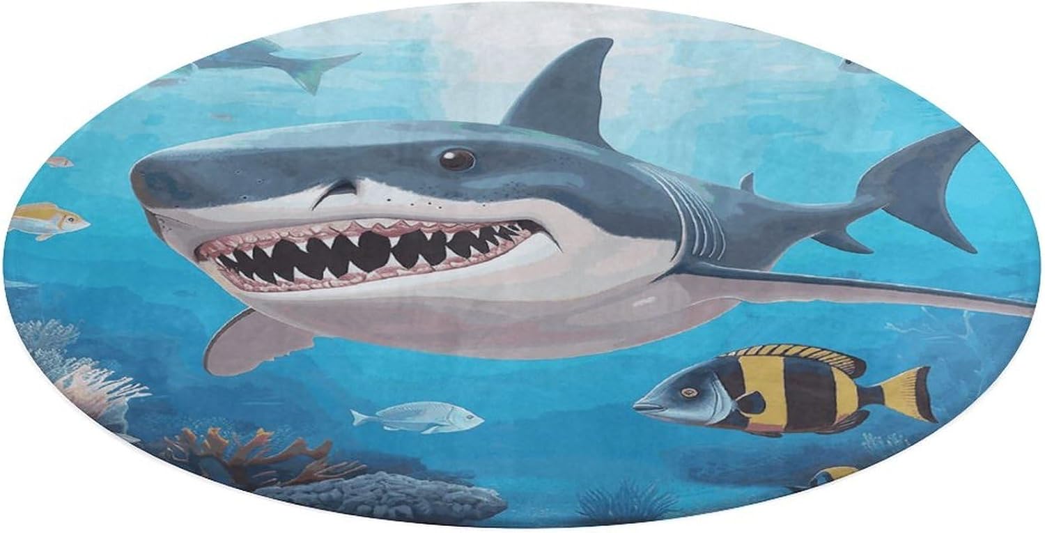 Shark Ocean Theme Coral Velvet Round Floor Mat Non-Slip Bath Rug Floor Covering for Bathroom Vanity Guest Suite & Vacation Home