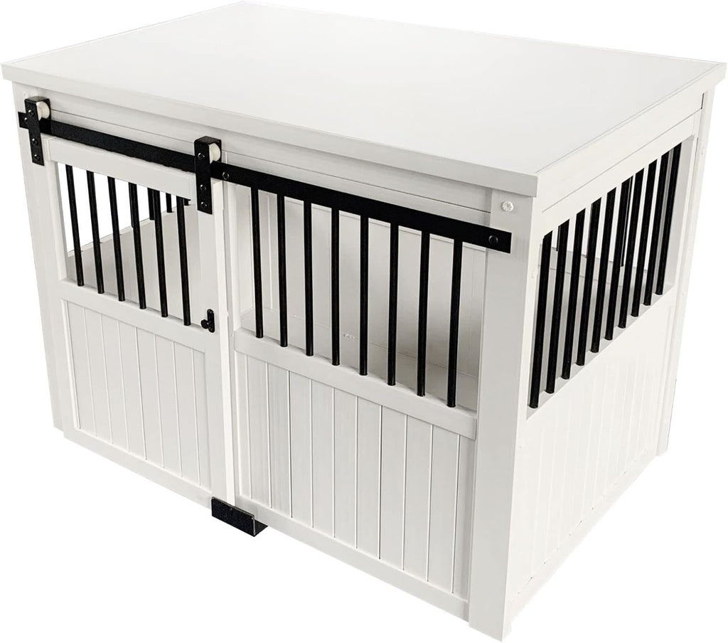 New Age Pet® ECOFLEX® Homestead Sliding Barn Door Furniture Style Dog Crate - Antique White, Large (EHDBC15-04L) - Stylish, Durable, Removable Cushions, Easy to Assemble.