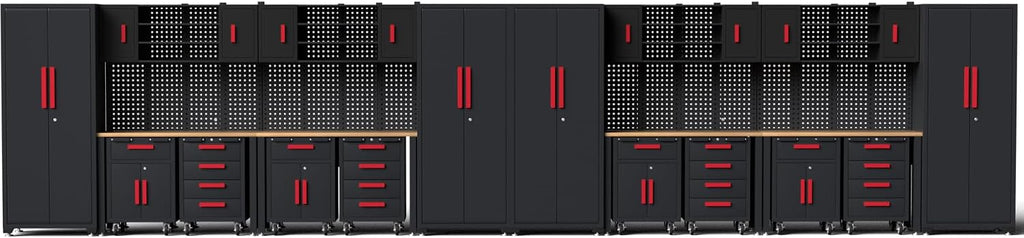24Pcs Garage Cabinet Storage System, Heavy Duty Workshop Set Includes Workbench, Pegboard & Lockable Drawers Metal Tool Organization System for Garage Workshop
