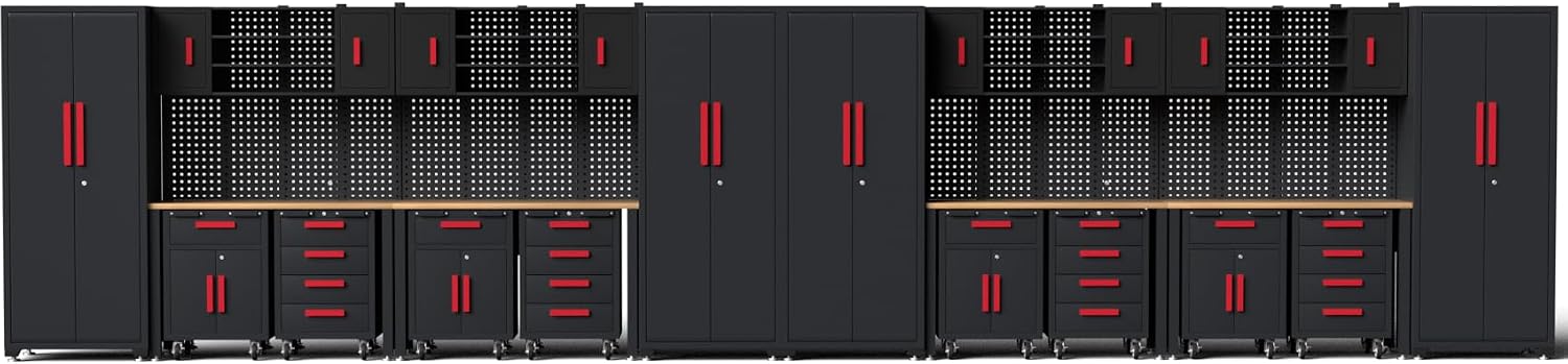 24Pcs Garage Cabinet Storage System, Heavy Duty Workshop Set Includes Workbench, Pegboard & Lockable Drawers Metal Tool Organization System for Garage Workshop