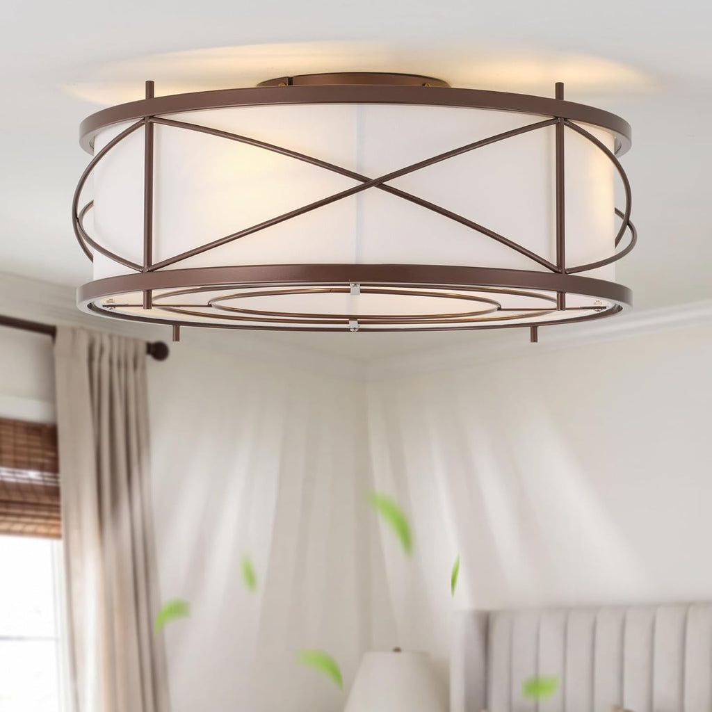 Brown Flush Mount Farmhouse Ceiling Fan with Lights, 20' Caged Rustic Ceiling Fans with Light and Remote, Enclosed with 6 Speeds for Living Room, Bedroom, Nursery