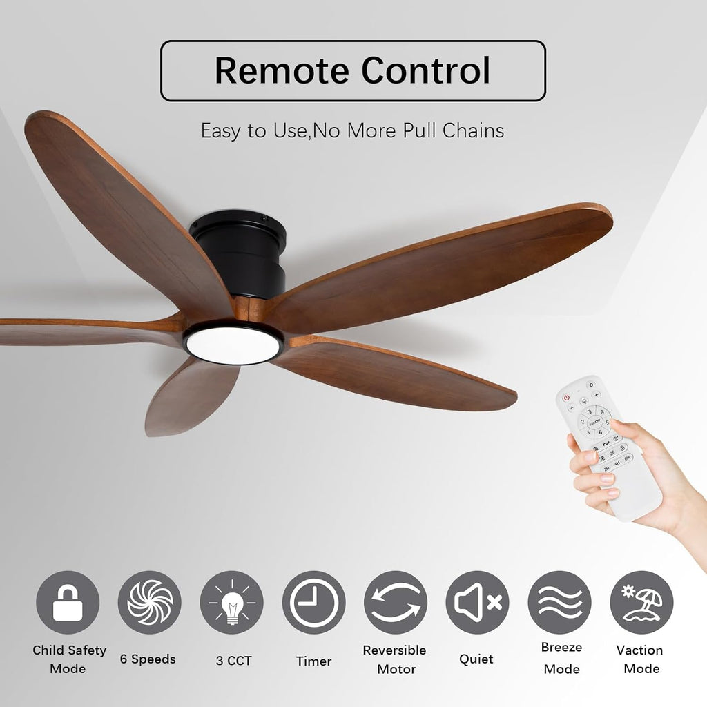 Ceiling Fan with Lights, 52Inch Flush Mount Ceiling Fan with Remote Control, 5 Wood Blades, DC Motor,3CCT,Walnut Wooden Ceiling Fans for Bedroom, Living Room, Home Office,Indoor