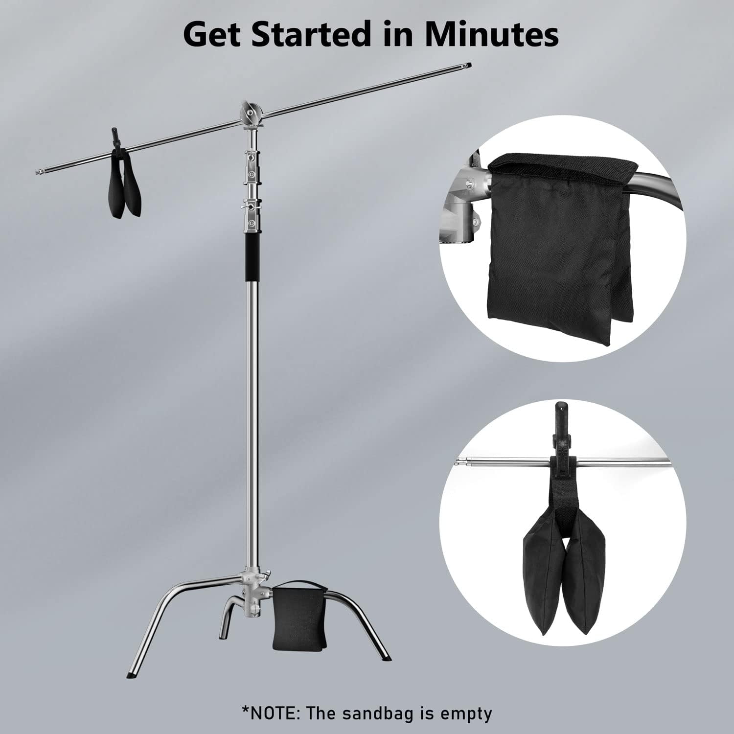 2 Pack Photography C Stand with Boom Arm: 100% Stainless Steel - Max Height 10.5ft/131inch Heavy Duty Light Stand, with 4.2ft/50inch Holding Arm, Grip Head, Sandbag, Backdrop Clamp