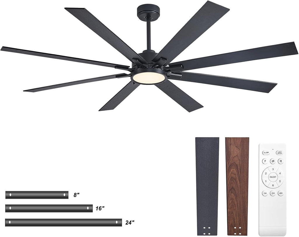72 Inch Large Ceiling Fans with Lights and Remote Industrial Black Modern Ceiling Fans for Patios Living Room Garage Shop Indoor/Outdoor 6 Speed Reversible Quiet DC Motor, 3 CCT, Dual Finish 8 Blades