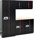 Pre-Assembled Garage Storage Cabinet System, No Assembly Required, 6-Piece Workshop Cabinet Set in Black & Red with LED Lights, Wood Worktop, Key Locks, Adjustable Doors and Legs
