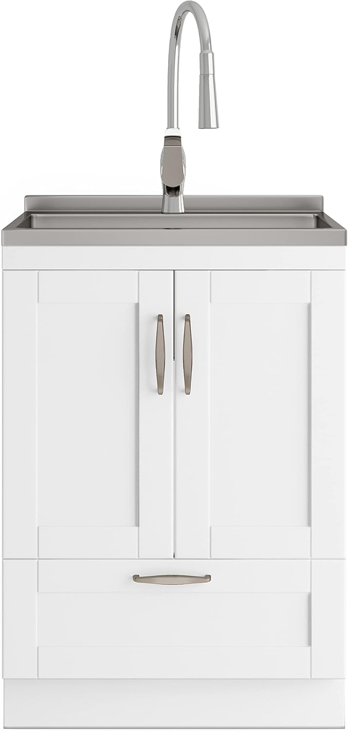 SIMPLIHOME Reed All-in-One 24 inch Wide Utility Sink and Laundry Cabinet in Pure White Finish, Transitional Stainless Steel Sink Cabinet for Laundry Rooms with High-Arch Chrome Faucet and Storage