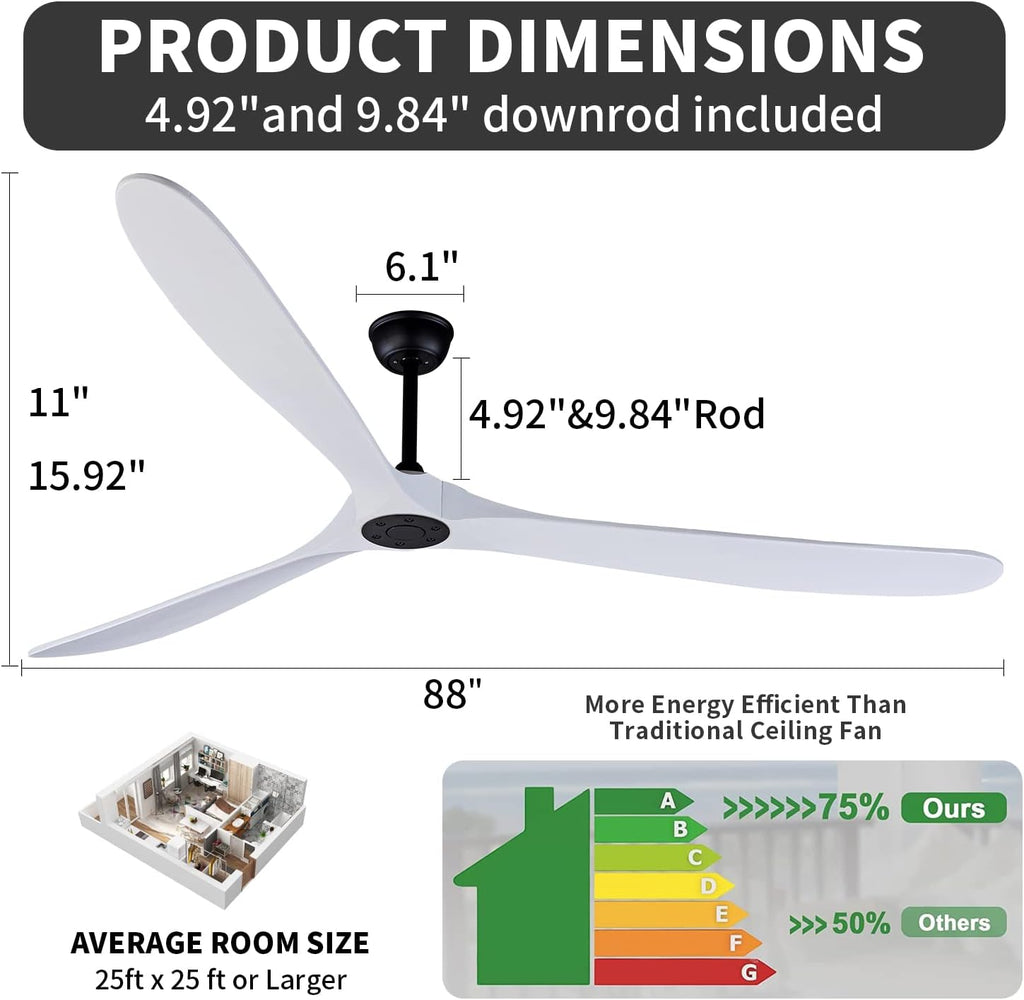 Bigzone 88' Large Ceiling Fan No Light with Remote,3 Blades White Solid Wood Big Ceing Fan without Light with Quiet Reversible DC Motor 6-Speeds for Living Room/Dining Room/Garage/Indoor/Outdoor
