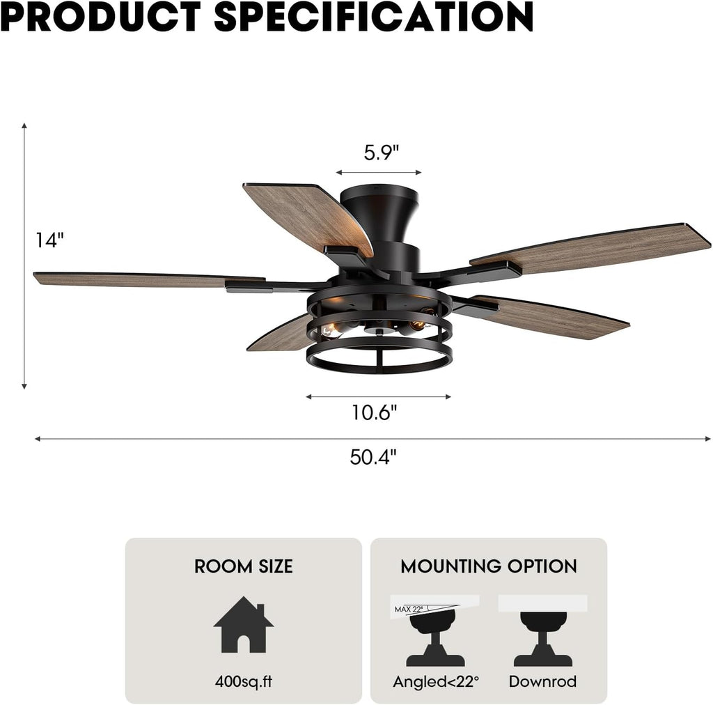 LuminFan 50 Inch Flush Mount Ceiling Fans with Lights and Remote Control, Low Profile Farmhouse Ceiling Fan for Bedroom Living Room and Patio, Black Caged Ceiling Fan for Indoor and Outdoor