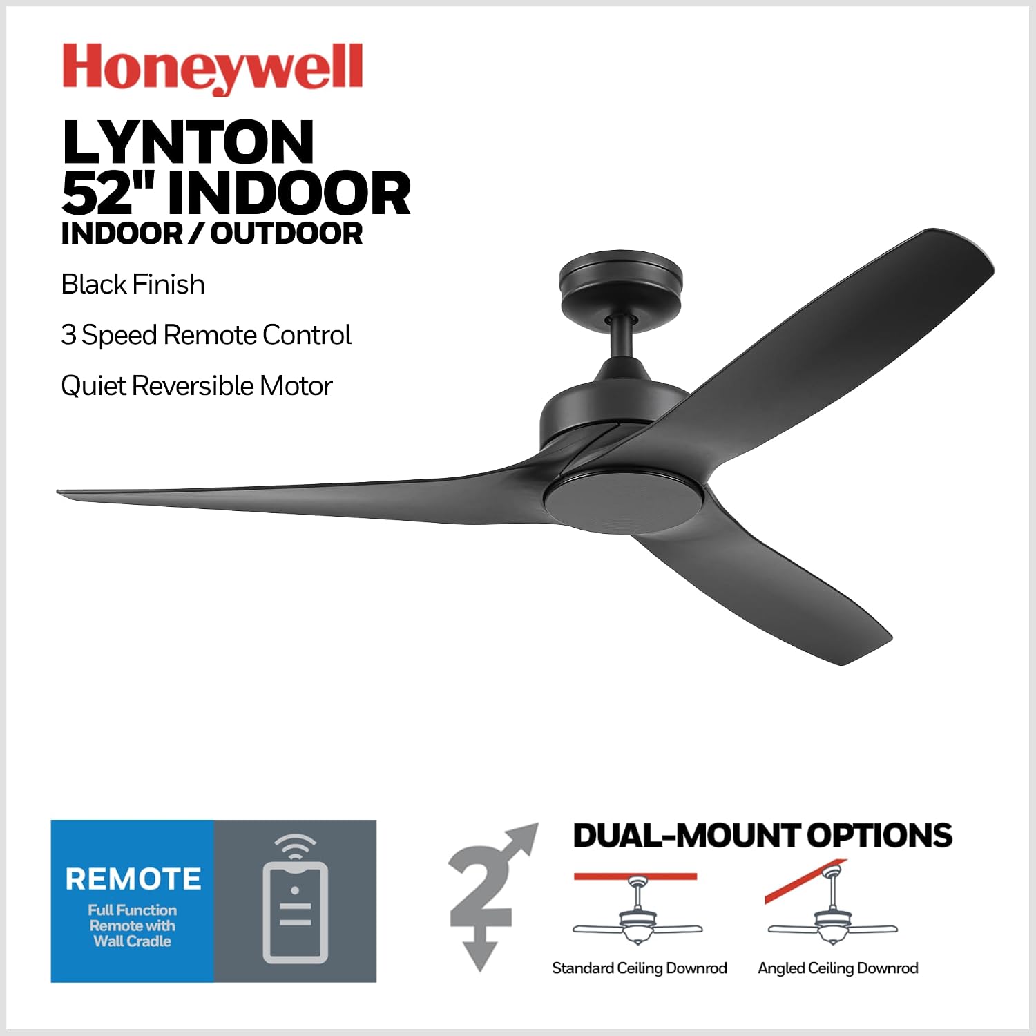 Honeywell Lynton, 52 Inch Outdoor Three Blade Ceiling Fan, Remote Control
