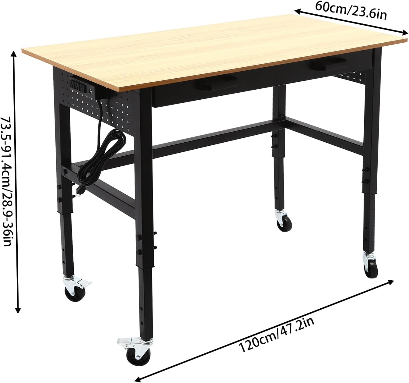 Adjustable Workbench with Power Outlets, 47' L X 24' W Hardwood Workbench Wood Work Station with Universal Wheels, Heavy-Duty Work Benches for Garage Party Shop Office