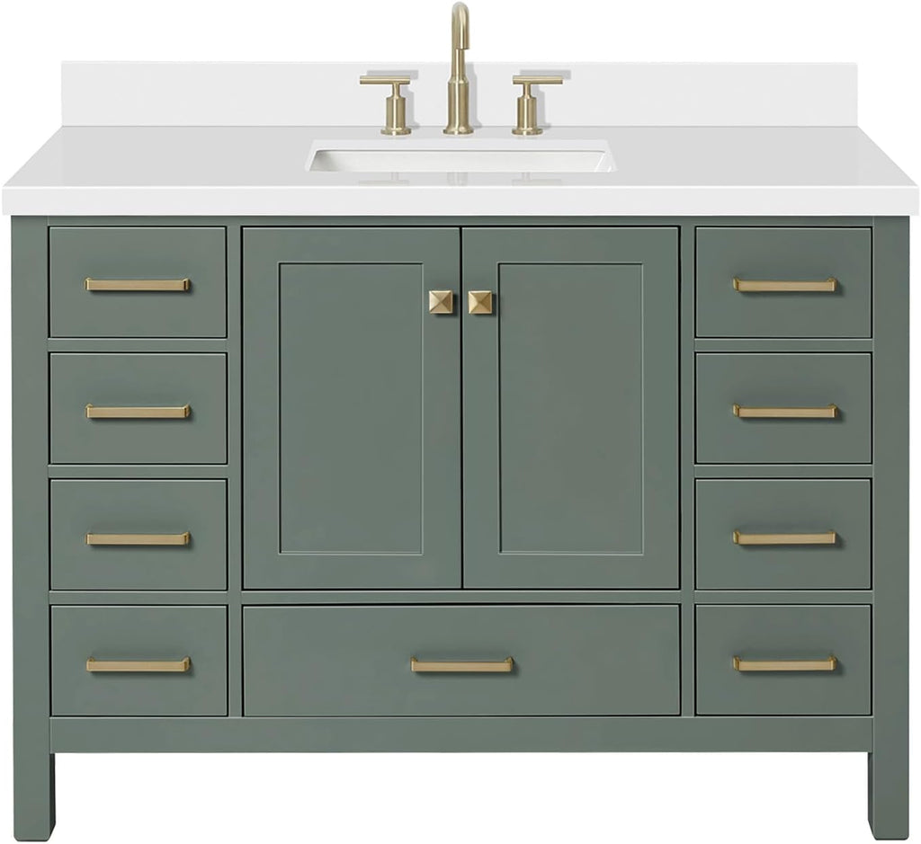 ARIEL Cambridge 48-inch Bathroom Vanity with Sink,Solid Wood, 1.5-inch Pure White Quartz Countertop, Single Rectangular Porcelain Sink, 2 Soft Closing Doors, 9 Dovetail Drawers, Vintage Green