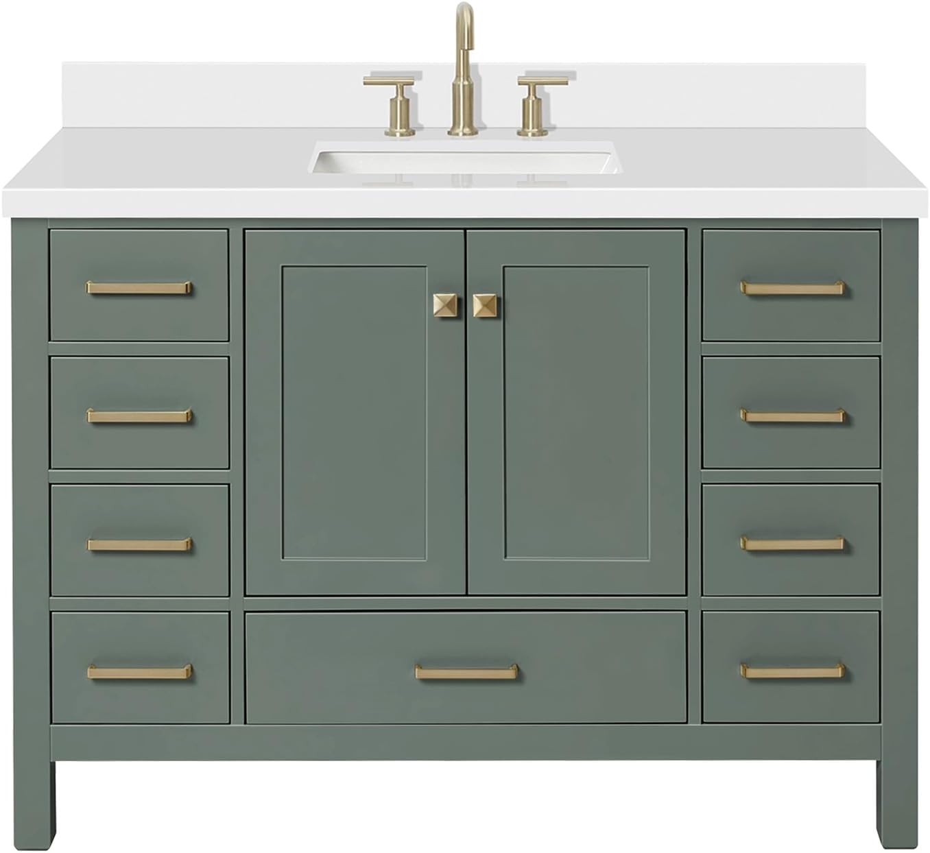 ARIEL Cambridge 48-inch Bathroom Vanity with Sink,Solid Wood, 1.5-inch Pure White Quartz Countertop, Single Rectangular Porcelain Sink, 2 Soft Closing Doors, 9 Dovetail Drawers, Vintage Green