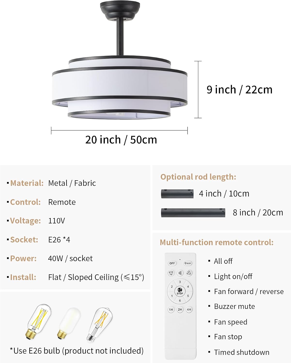20' Caged Ceiling Fans with Lights and Remote, Fandelier Ceiling Fan with Light, Modern Bladeless Quiet Reversible Motor 6 Speeds for Bedroom, Nursery, Living Room, Black