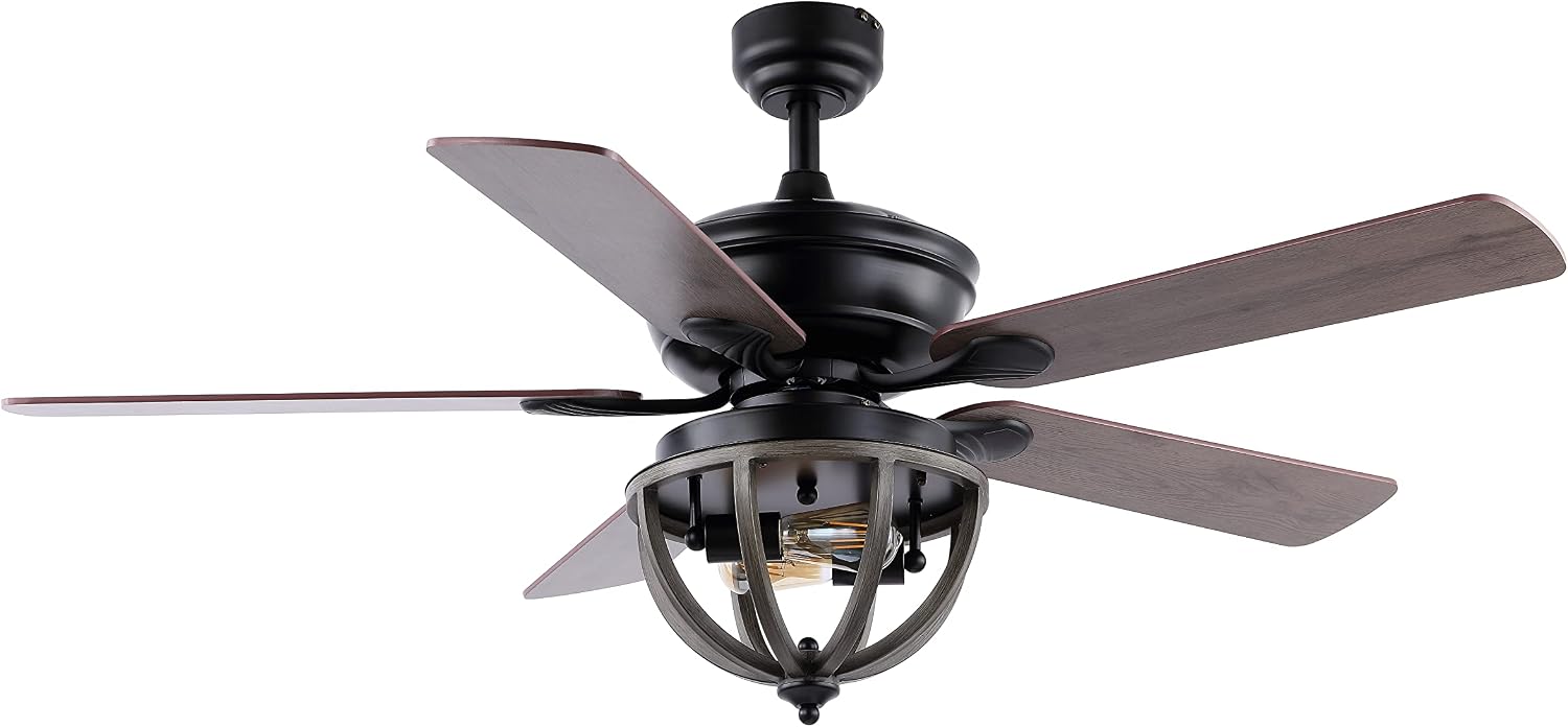 JONATHAN Y 52' Black 2-Light Iron LED Ceiling Fan with Remote, 5 Reversible Ashwood/Coffee Brown Blades, Farmhouse Industrial Metal Dome Shade, ETL Listed, LED Bulbs Included JYL9613A
