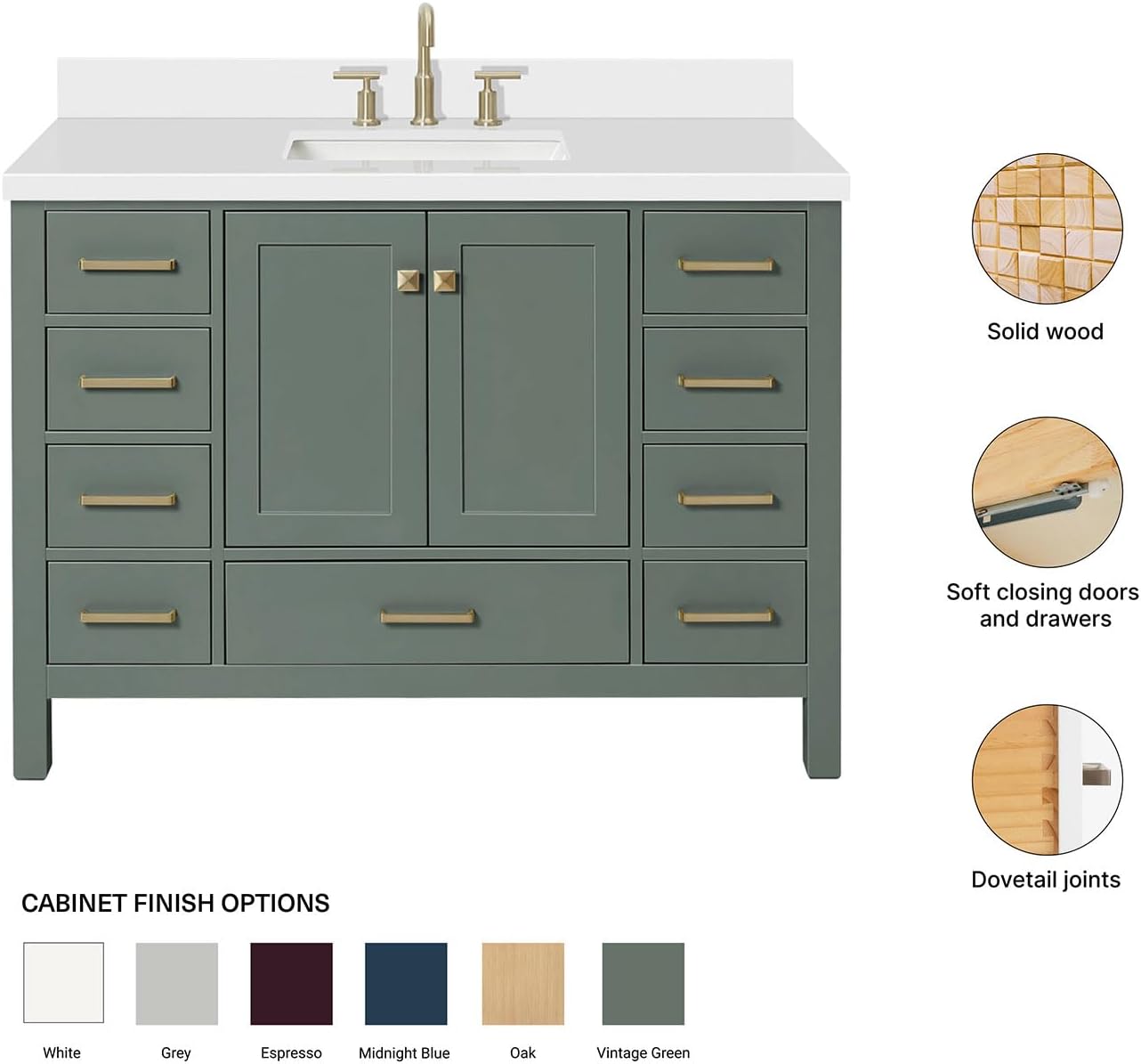 ARIEL Cambridge 48-inch Bathroom Vanity with Sink,Solid Wood, 1.5-inch Pure White Quartz Countertop, Single Rectangular Porcelain Sink, 2 Soft Closing Doors, 9 Dovetail Drawers, Vintage Green