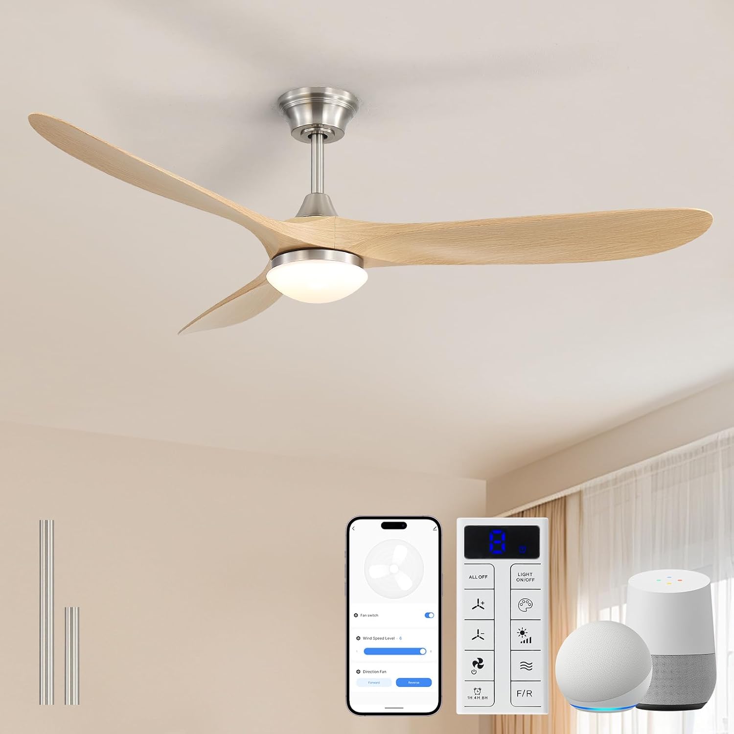 Sofucor 60 Inch Smart Ceiling Fans with Lights-Outdoor Modern Smart Ceiling Fan with Alexa/Google/APP/Remote Control, Reversible Quiet DC Motor,ABS Blade Ceiling Fan for Living Room/Porch/Great Rooms