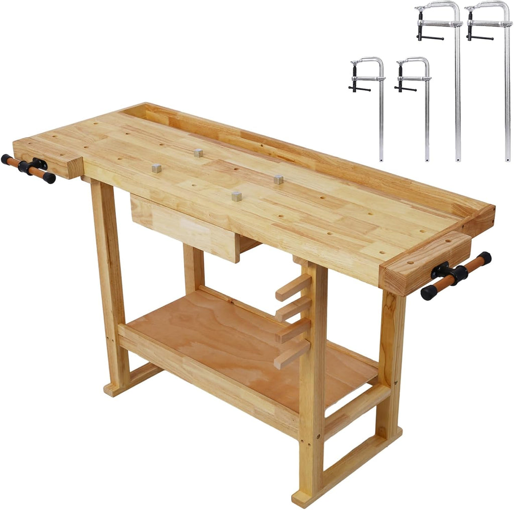 Wood Workbench, Wooden Workbench for Garage Workshop and Home, Workbench with Bar Clamps Set (Natural-A, 2pcs[12'x3']+2pcs[20' x4-3/4] Bar Clamps Set)