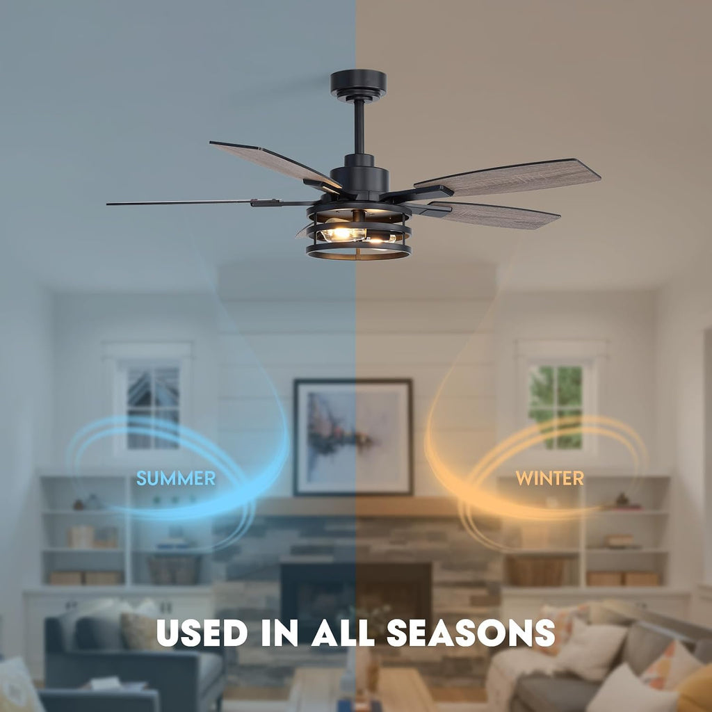 52 Inch Ceiling Fans with Lights and Remote Control, Farmhouse Ceiling Fan with LED Lighting for Bedroom Living Room and Patio, Black Caged Ceiling Fan for Indoor and Outdoor(NO Bulbs)
