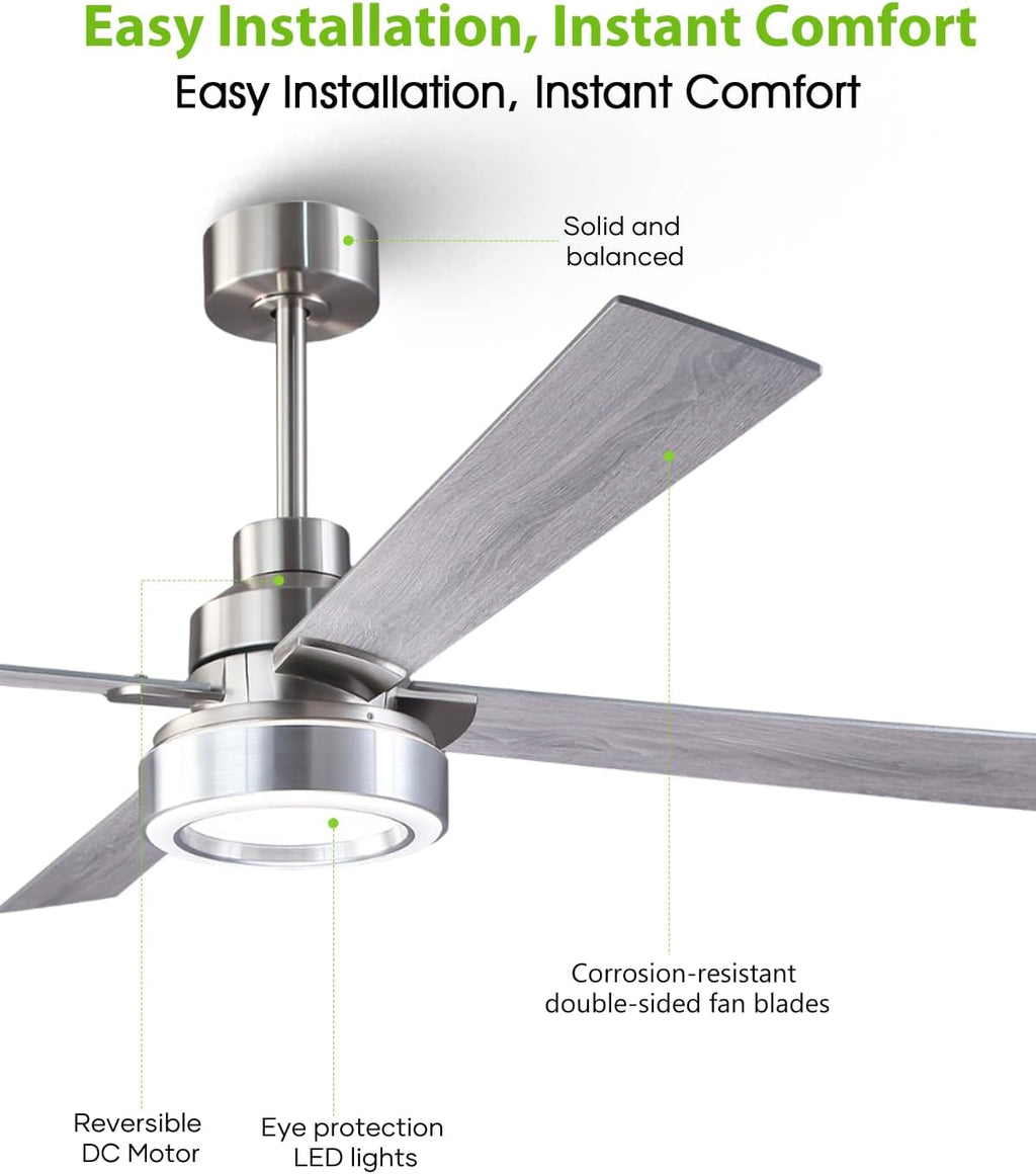 60 Inch Large Brushed Nickel Ceiling Fans with Lights and Remote/APP - Modern Sleek Indoor Outdoor Ceiling Fan for House, Living Room, Shop, Garage Silver Ceiling Fan, 3CCT Dimmable, 6 Speeds