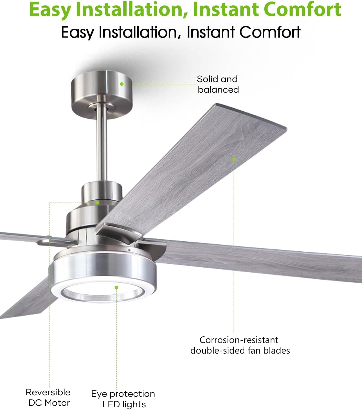 60 Inch Large Brushed Nickel Ceiling Fans with Lights and Remote/APP - Modern Sleek Indoor Outdoor Ceiling Fan for House, Living Room, Shop, Garage Silver Ceiling Fan, 3CCT Dimmable, 6 Speeds