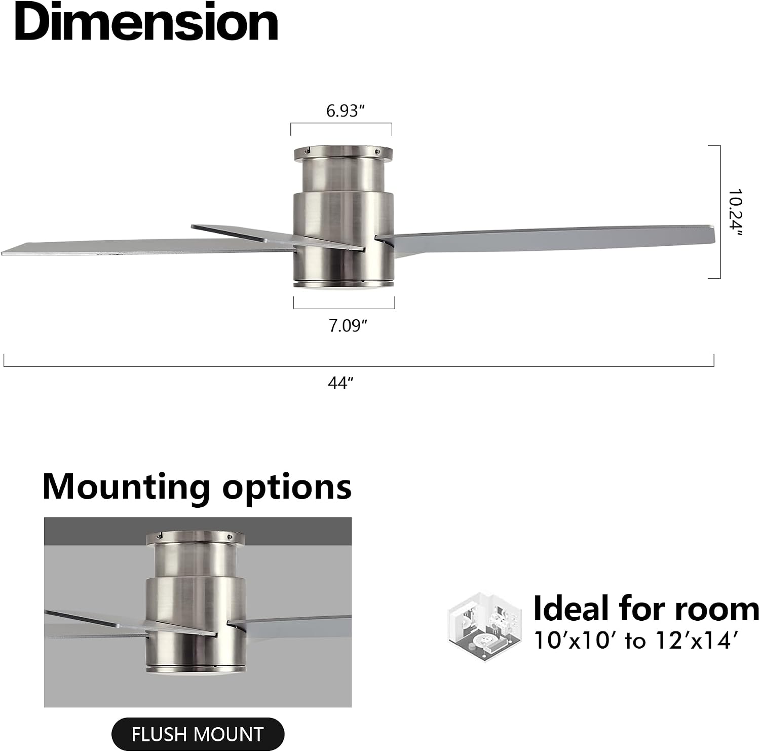 WINGBO 44 Inch Flush Mount DC Ceiling Fan with Lights and Remote, 4 Reversible Blades, Ultra Quiet 6-Speed DC Motor, Hugger Low Profile Indoor Ceiling Fan, Brushed Nickel Finish