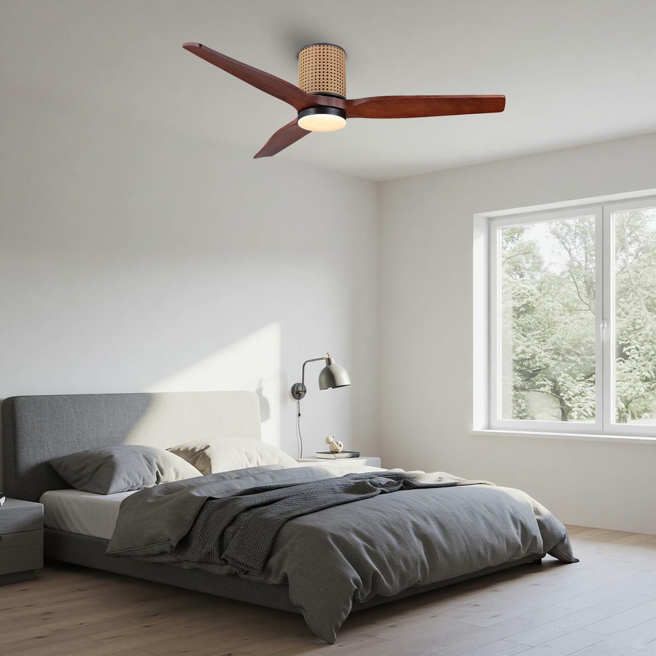 LEDLUX 52' Ceiling Fan with Light - Low Profile Flush Mount Ceiling Fan, 6-Speed Remote Control, Solid Wood, Quiet Reversible DC Motor,Walnut/Black Finish, for Bedroom, Living Room, Porch