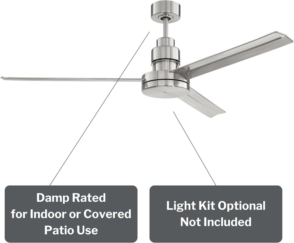 Craftmade MND54BNK3 Mondo 54 Inch 3 Blade Ceiling Fan | Brushed Polished Nickel Finish/Brushed Polished Nickel Aluminum Blades | IDC Wall Control and Remote Control | DC Motor Indoor Ceiling Fan