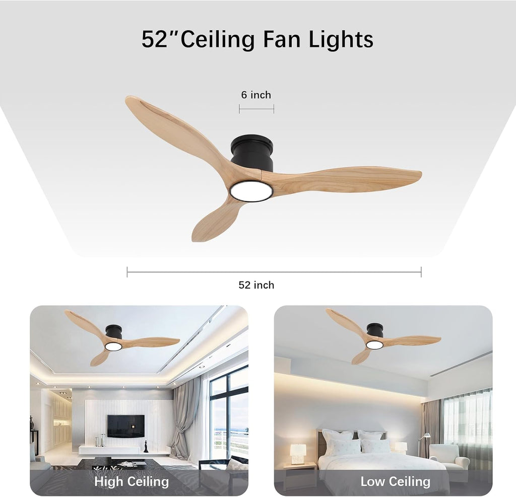Ceiling Fans with Lights Remote 52inch Solid Amber Color Wood Fan Timing 6 Speeds Silent Reversible DC Motor 3CCT LED Light with Memory Lighting Function Indoor Outdoor Fan Farmhouse Bedroom