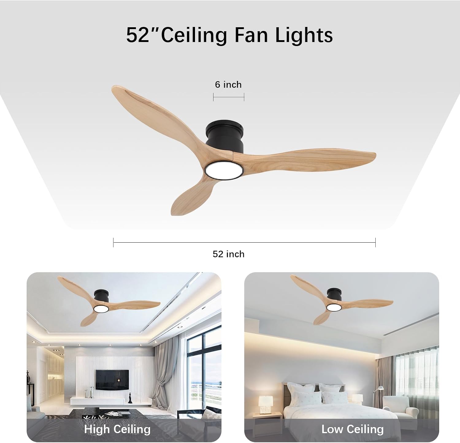 Ceiling Fans with Lights Remote 52inch Solid Amber Color Wood Fan Timing 6 Speeds Silent Reversible DC Motor 3CCT LED Light with Memory Lighting Function Indoor Outdoor Fan Farmhouse Bedroom