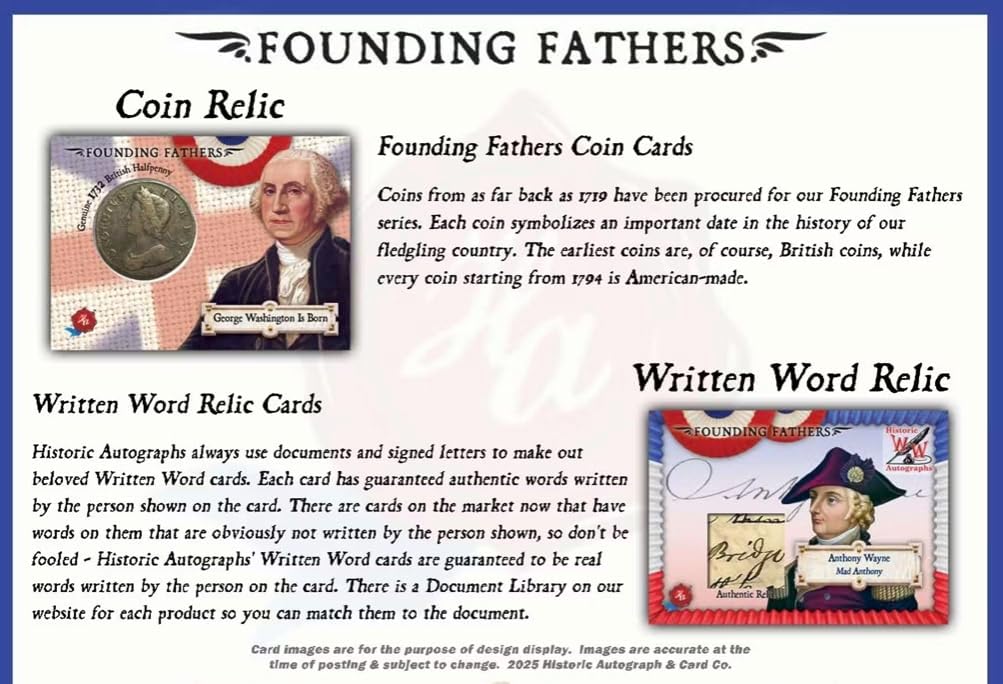 2025 Historic Autographs Founding Fathers Trading Cards Hobby Box 4 Packs per Box, 5 Cards per Pack