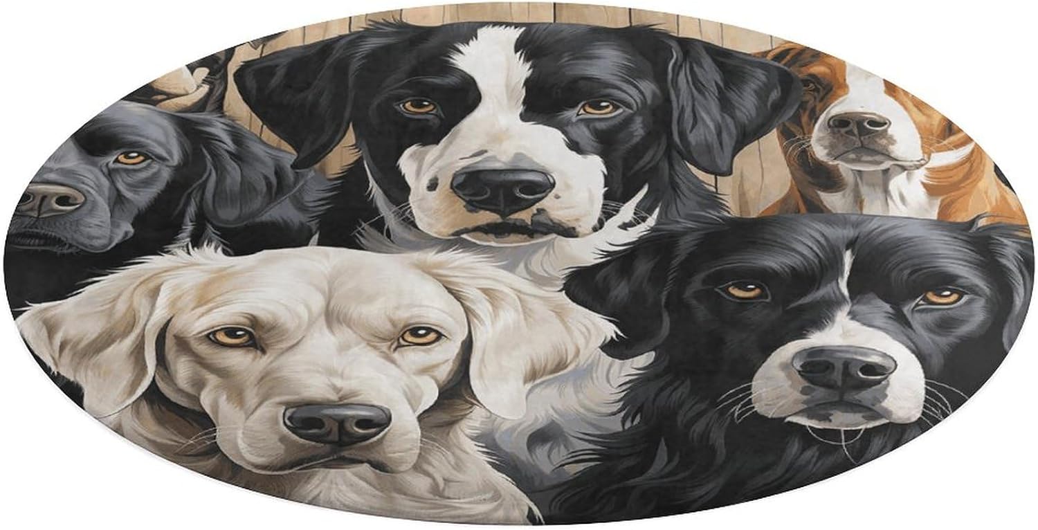 Black and White Dog Coral Velvet Round Floor Mat Non-Slip Bath Rug Floor Covering for Bathroom Vanity Guest Suite & Vacation Home