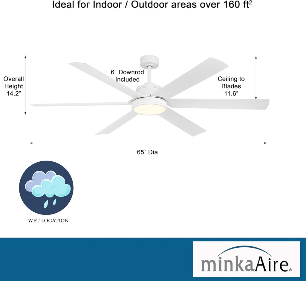 MINKA-AIRE F897L-WHF Cairo 65' 6-Blade LED Smart Indoor/Outdoor Ceiling Fan - Flat White Finish with Matte Lens