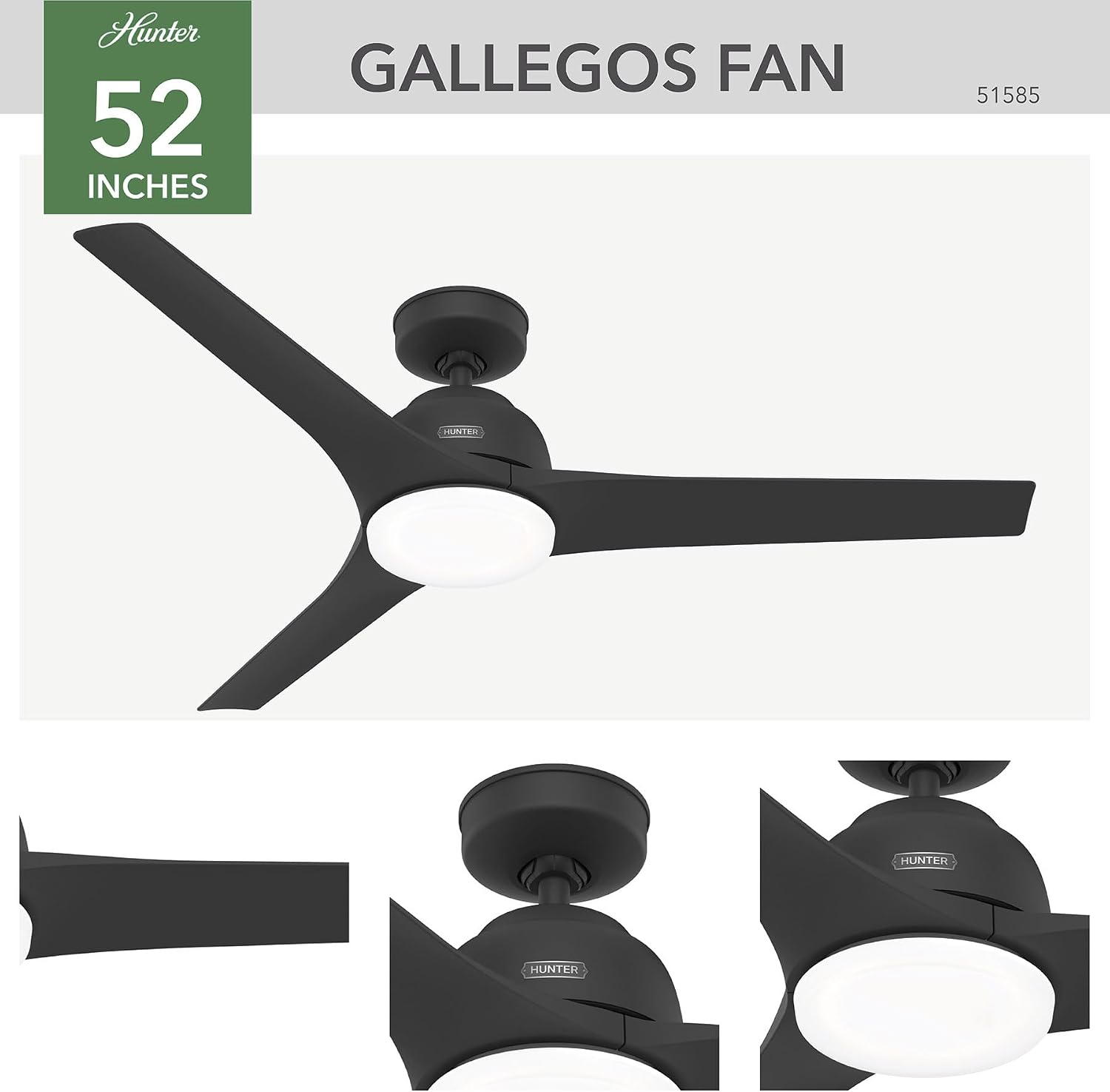 Hunter 52 inch Outdoor or Indoor Ceiling Fan with LED Light - Black Ceiling Fan with Wall Control, For Patio, Garage, or Porch, Quiet, Standard Mount, 3 Blades - Gallegos 51585, Matte Black