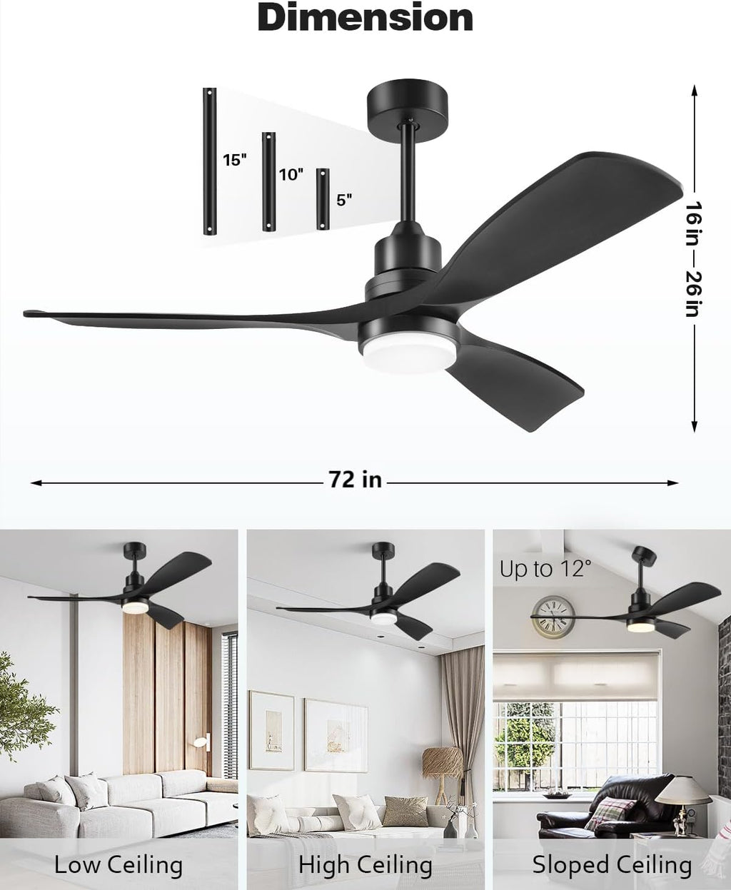 72 Inch Ceiling Fans with Lights Remote, Black Ceiling Fan Light, 3 Downrods, 3 Wood Blades, ETL Listed, Timer, 6 Speed Quiet Reversible DC Motor Outdoor Fans for Patios Bedroom, 72in,Black