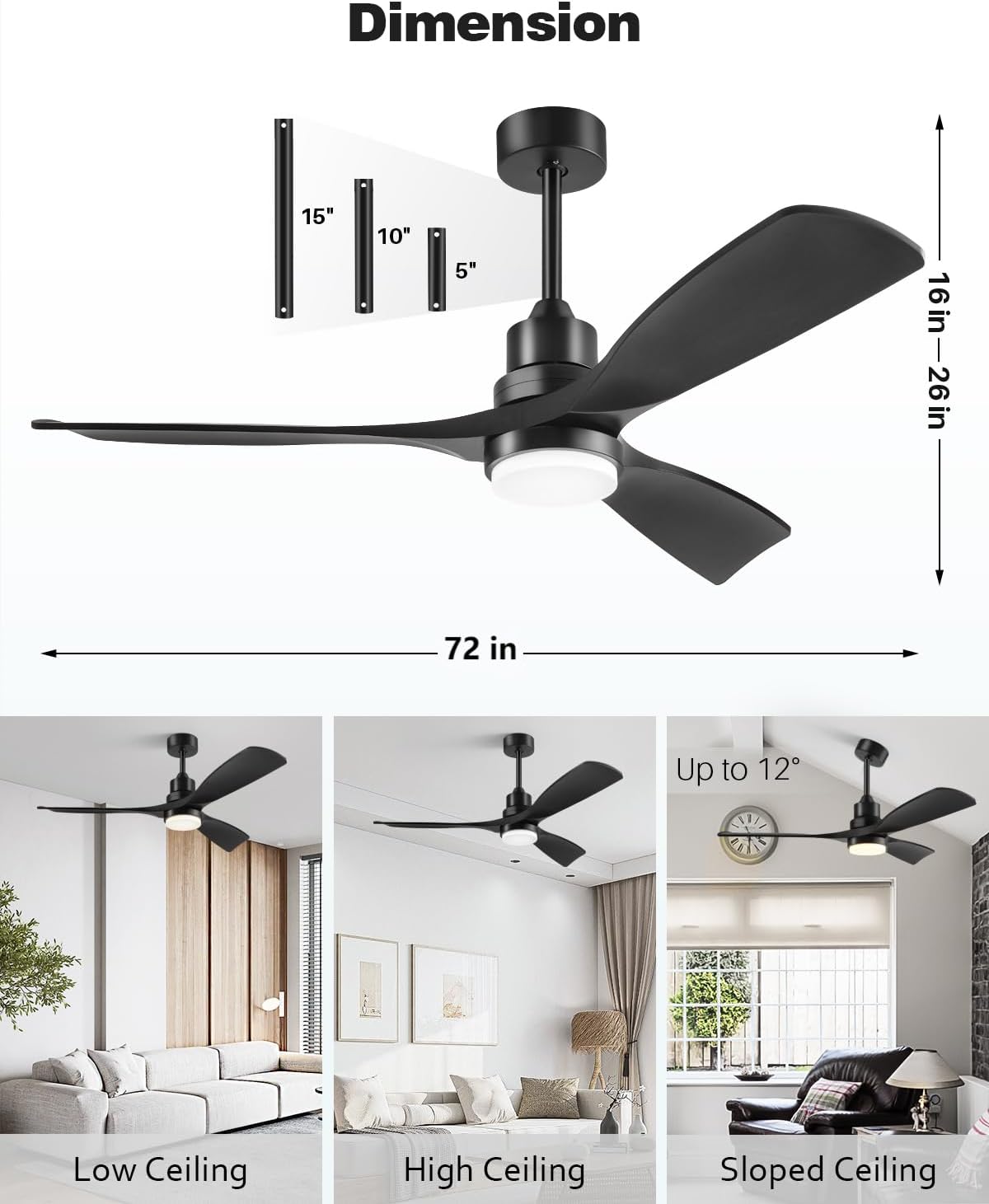 72 Inch Ceiling Fans with Lights Remote, Black Ceiling Fan Light, 3 Downrods, 3 Wood Blades, ETL Listed, Timer, 6 Speed Quiet Reversible DC Motor Outdoor Fans for Patios Bedroom, 72in,Black