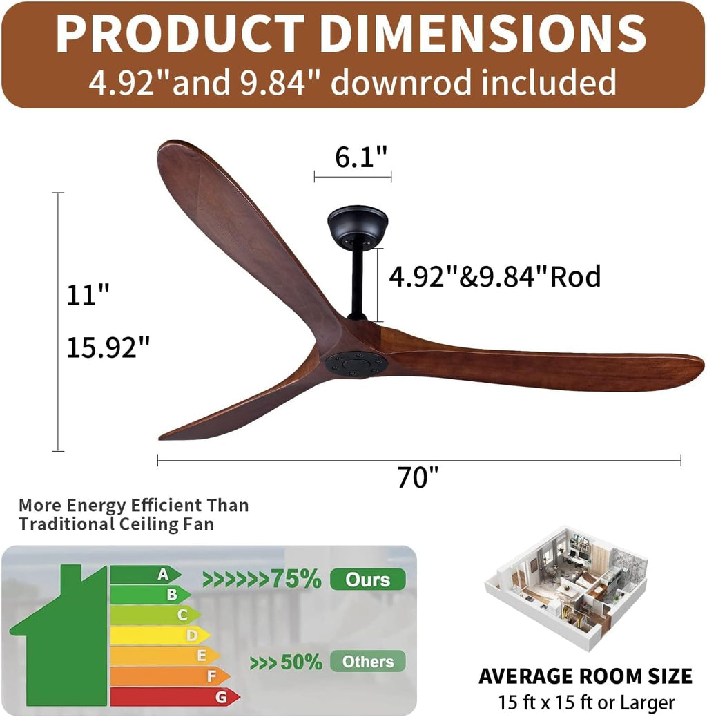 Bigzone 70' Large Ceiling Fan No Light with Remote,3 Blades Dark Brown Solid Wood Big Ceing Fan without Light with Quiet Reversible DC Motor 6-Speeds for Living Room/Dining Room/Garage/Indoor/Outdoor