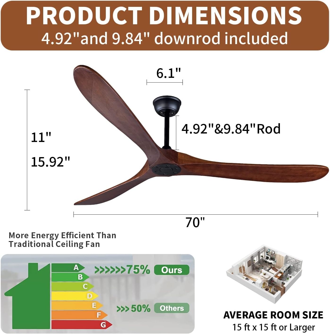 Bigzone 70' Large Ceiling Fan No Light with Remote,3 Blades Dark Brown Solid Wood Big Ceing Fan without Light with Quiet Reversible DC Motor 6-Speeds for Living Room/Dining Room/Garage/Indoor/Outdoor