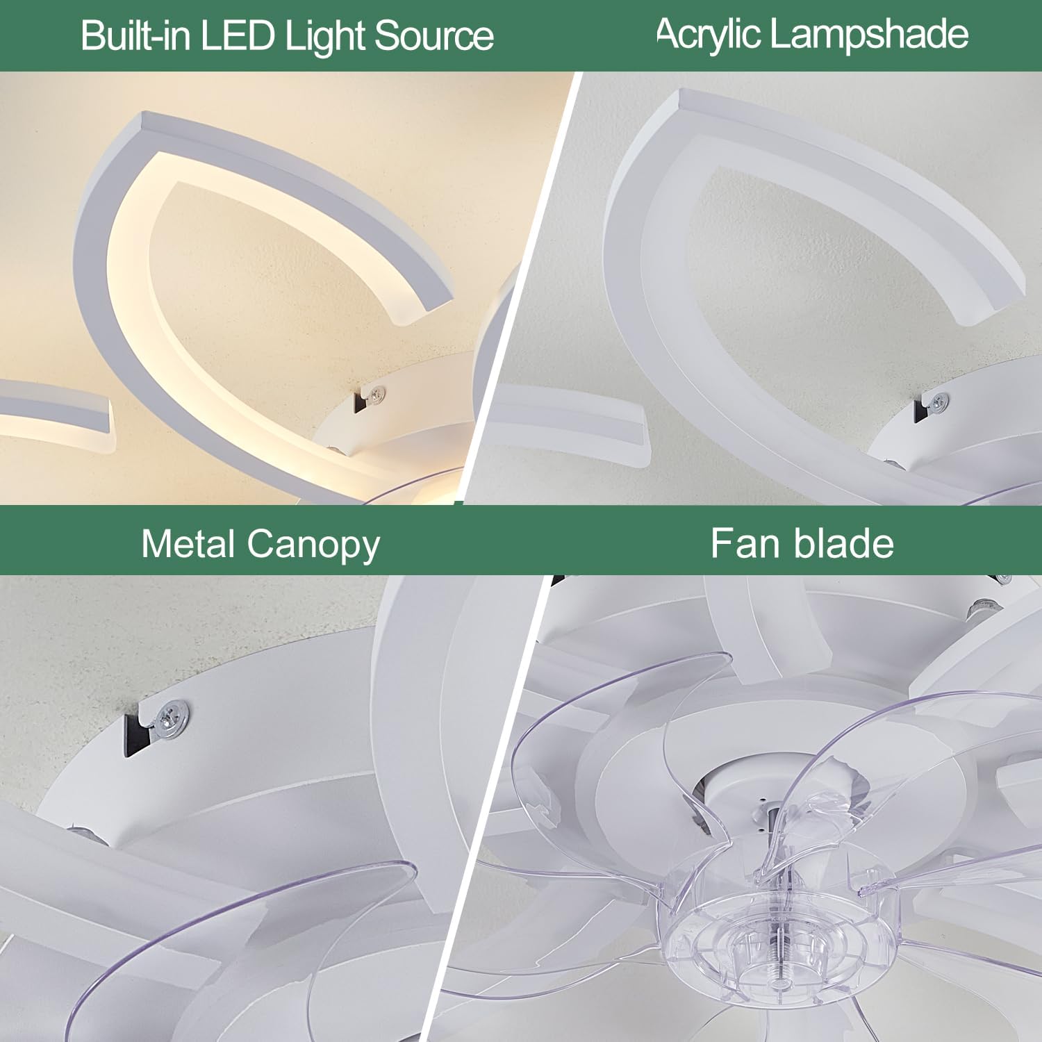 Modern Flower Ceiling Fan with Light and Remote, Low Profile Ceiling Fans with Lights, 36 Inch Black Flush Mount Ceiling Fan with 3 Light Color 6 Speeds, Fandelier Ceiling Fan for Living Room (White)