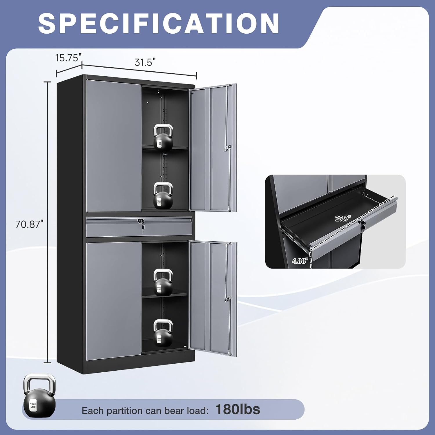 Metal Storage Cabinet with Drawer, Garage Storage Cabinet with Locking Doors and Adjustable Shelves for Garage, Home Office,Warehouse